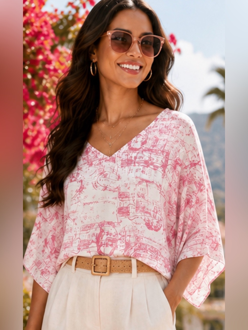 Millau French Mail Stamped Desing Sheer Light Pink Printed V-Neck Top XS